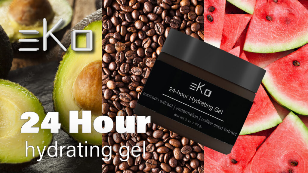 image of 24 Hour hydrating gel jar with images of ingredients as a background